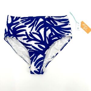 Kona Sol Womens High Waist Bikini Bottom Blue White Coral Print Size X 14-16 NWT
